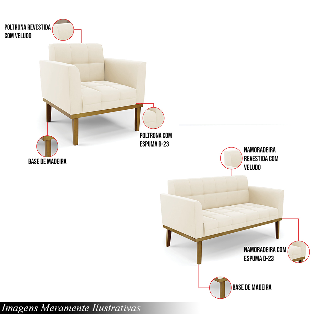 Conjunto 2 Poltronas e 1 Namoradeira Decorativa Karen Pés Fixo em Madeira Castanho Veludo Bege G19 - Gran Belo