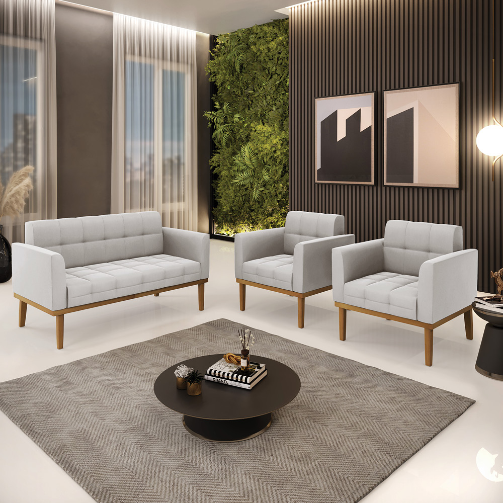 Conjunto 2 Poltronas e 1 Namoradeira Decorativa Karen Pés Fixo em Madeira Castanho Veludo Cinza G19 - Gran Belo