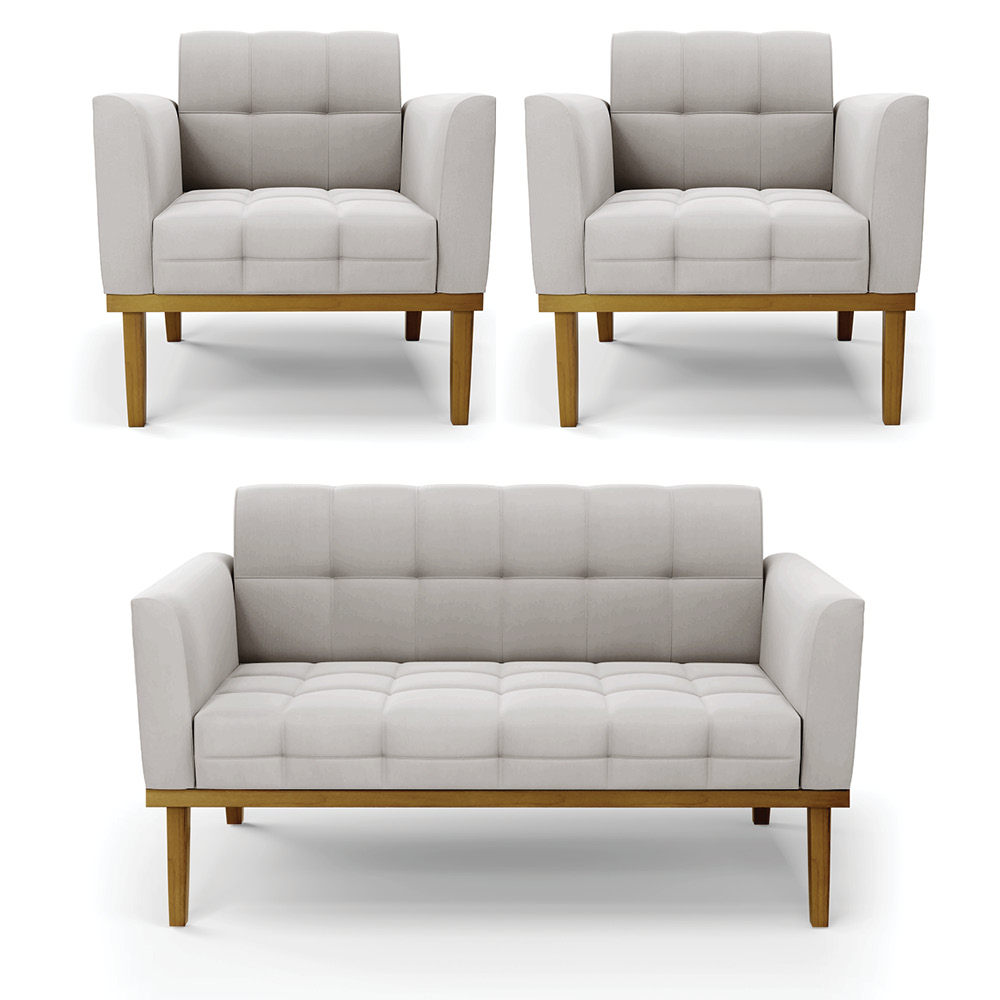 Conjunto 2 Poltronas e 1 Namoradeira Decorativa Karen Pés Fixo em Madeira Castanho Veludo Cinza G19 - Gran Belo