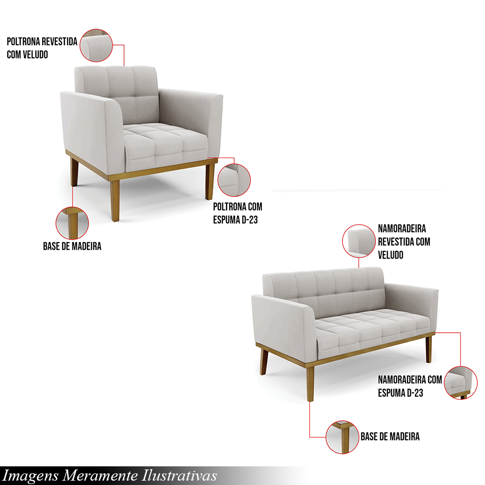 Conjunto 2 Poltronas e 1 Namoradeira Decorativa Karen Pés Fixo em Madeira Castanho Veludo Cinza G19 - Gran Belo