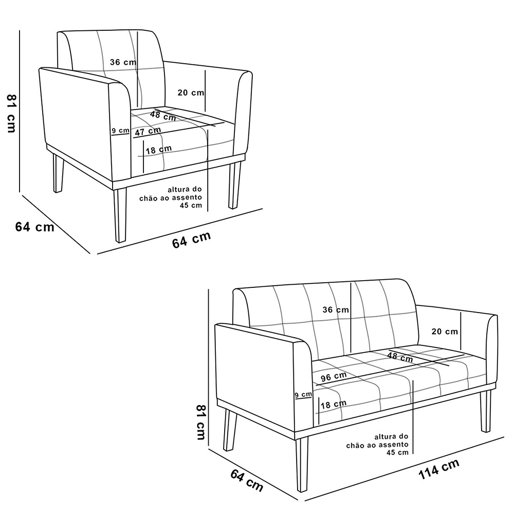 Conjunto 2 Poltronas e 1 Namoradeira Decorativa Karen Pés Fixo em Madeira Castanho Veludo Cinza G19 - Gran Belo