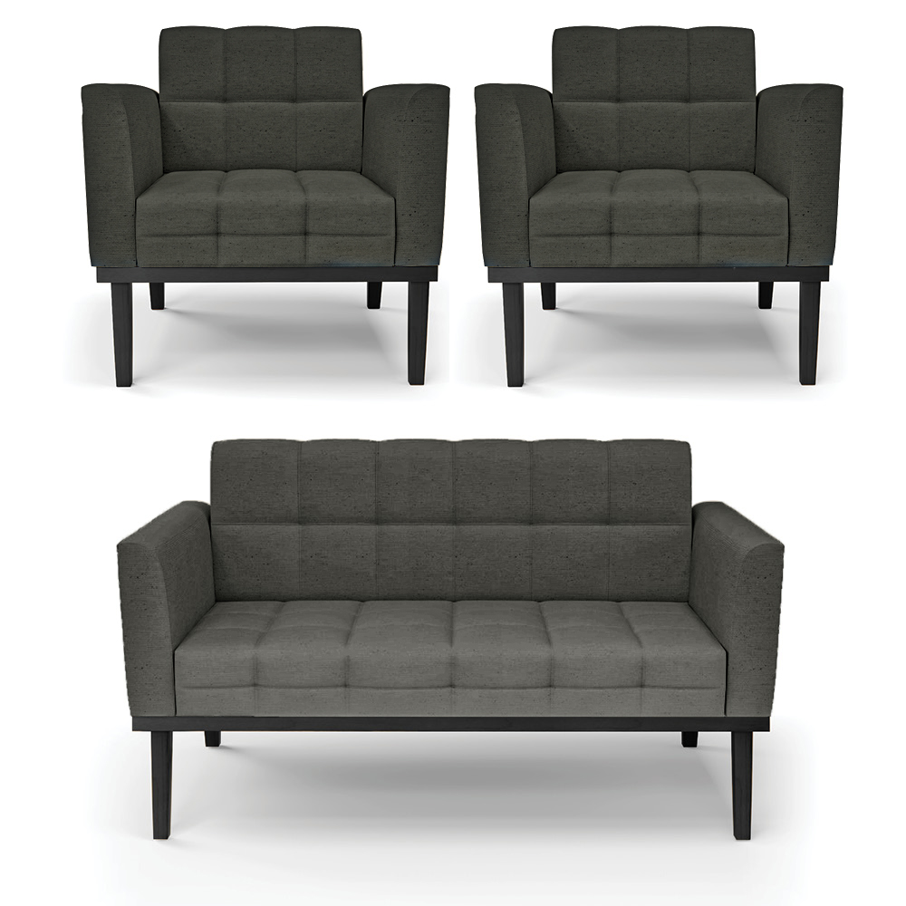 Conjunto 2 Poltronas e 1 Namoradeira Decorativa Karen Pés Fixo em Madeira Preto Linho Cinza Mesclado G19 - Gran Belo