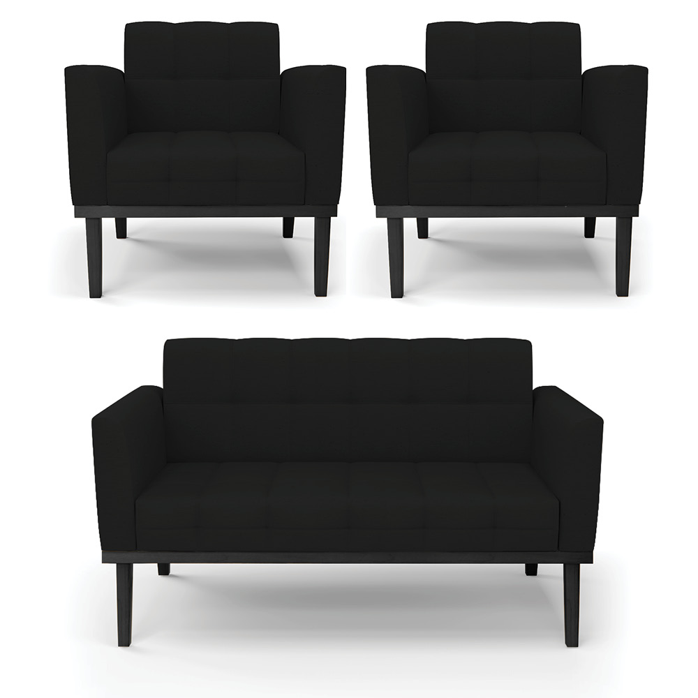 Conjunto 2 Poltronas e 1 Namoradeira Decorativa Karen Pés Fixo em Madeira Preto Linho Preto G19 - Gran Belo
