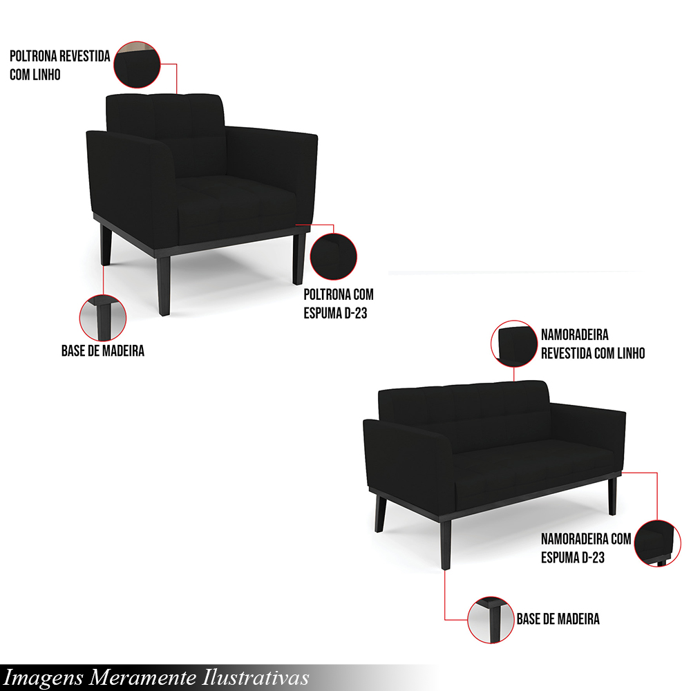 Conjunto 2 Poltronas e 1 Namoradeira Decorativa Karen Pés Fixo em Madeira Preto Linho Preto G19 - Gran Belo