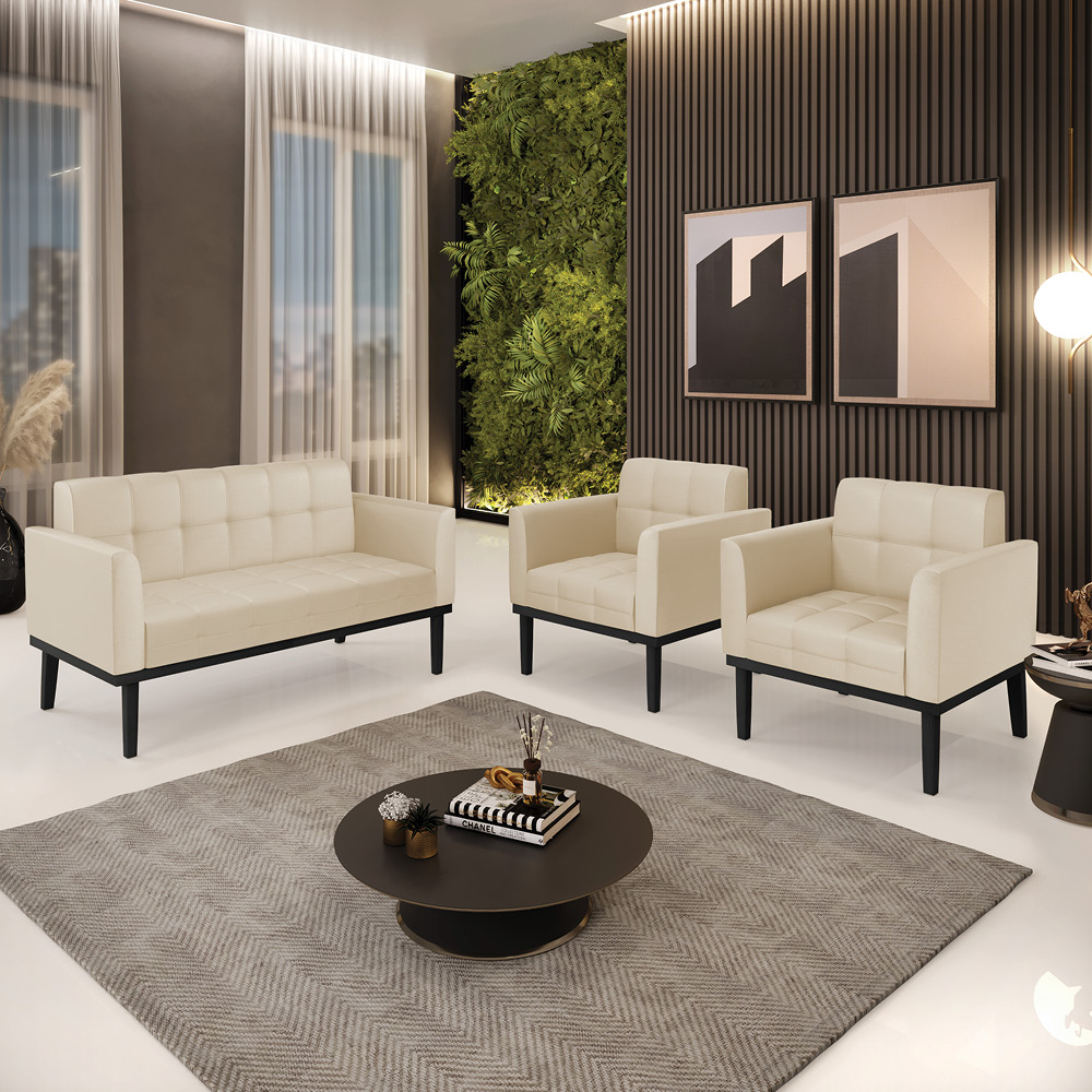 Conjunto 2 Poltronas e 1 Namoradeira Decorativa Karen Pés Fixo em Madeira Preto PU Bege G19 - Gran Belo