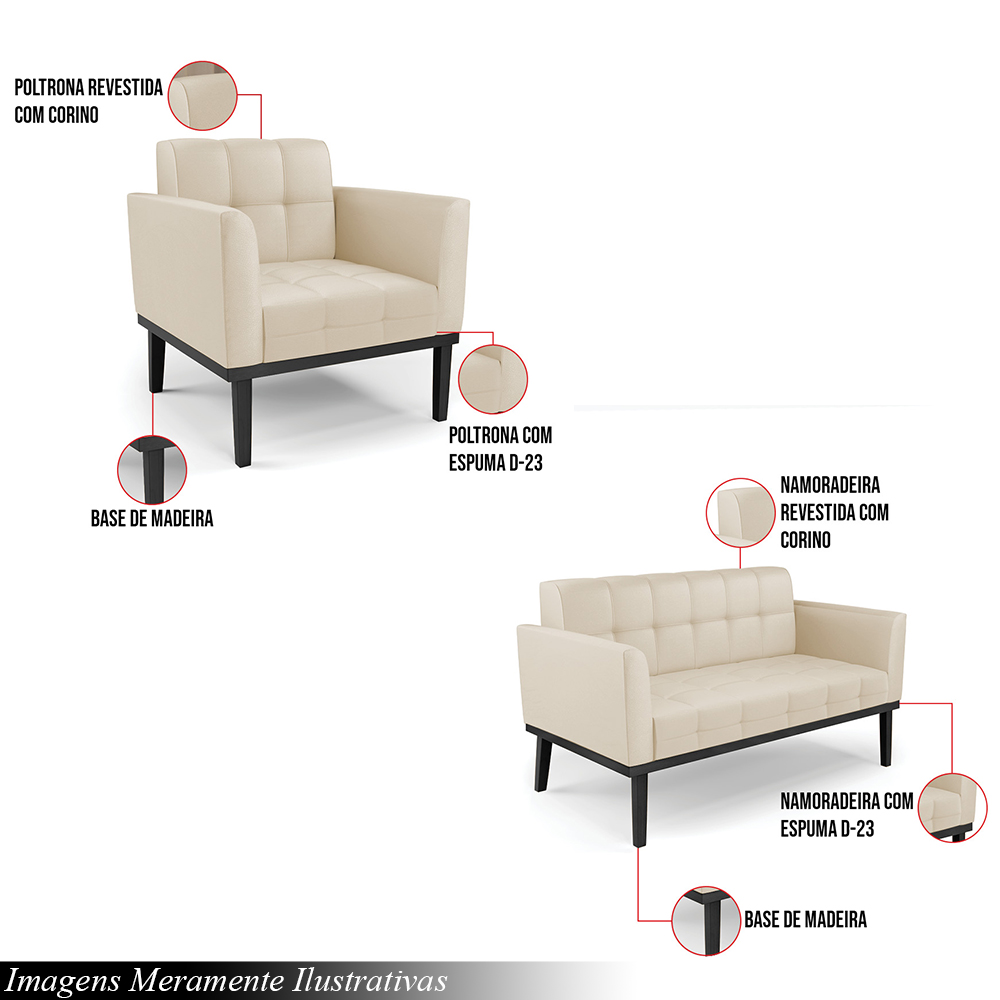 Conjunto 2 Poltronas e 1 Namoradeira Decorativa Karen Pés Fixo em Madeira Preto PU Bege G19 - Gran Belo