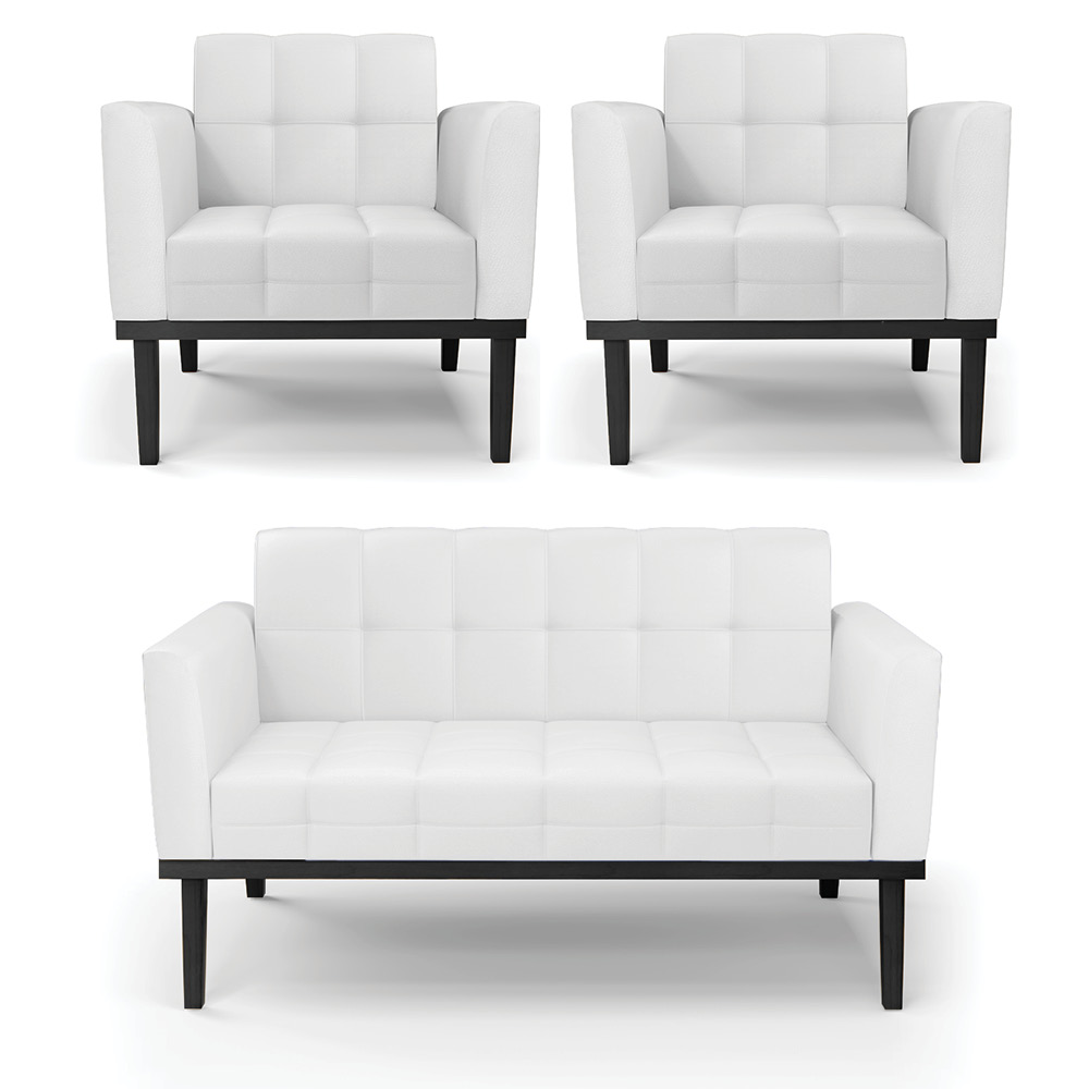 Conjunto 2 Poltronas e 1 Namoradeira Decorativa Karen Pés Fixo em Madeira Preto PU Branco G19 - Gran Belo