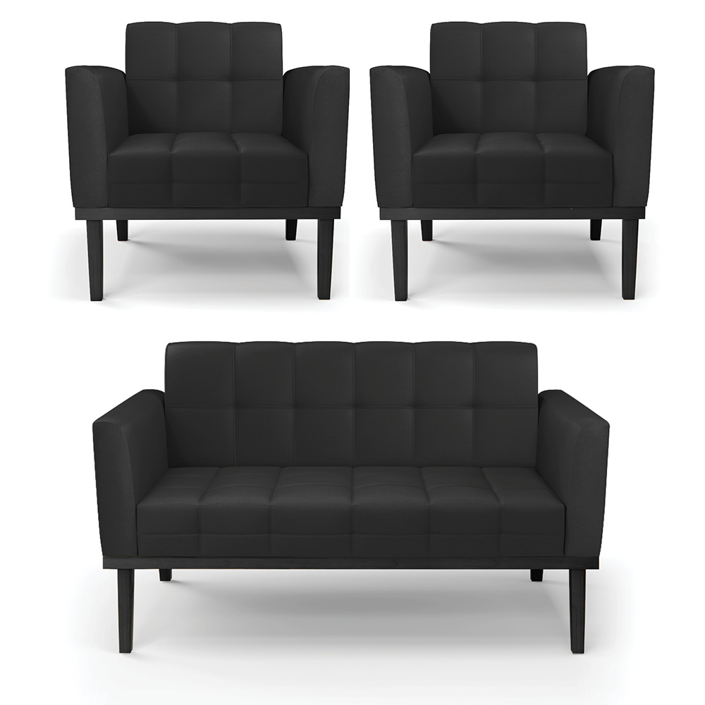 Conjunto 2 Poltronas e 1 Namoradeira Decorativa Karen Pés Fixo em Madeira Preto PU Preto G19 - Gran Belo