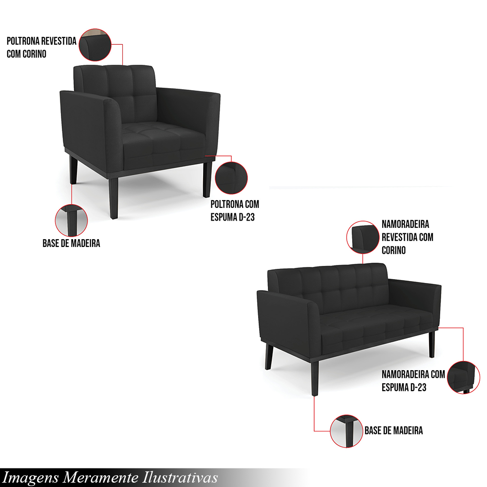 Conjunto 2 Poltronas e 1 Namoradeira Decorativa Karen Pés Fixo em Madeira Preto PU Preto G19 - Gran Belo