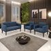 Conjunto 2 Poltronas e 1 Namoradeira Decorativa Karen Pés Fixo em Madeira Preto Suede Azul Marinho G19 - Gran Belo