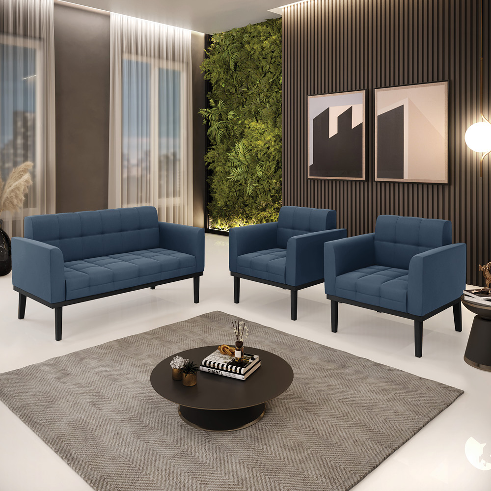 Conjunto 2 Poltronas e 1 Namoradeira Decorativa Karen Pés Fixo em Madeira Preto Suede Azul Marinho G19 - Gran Belo