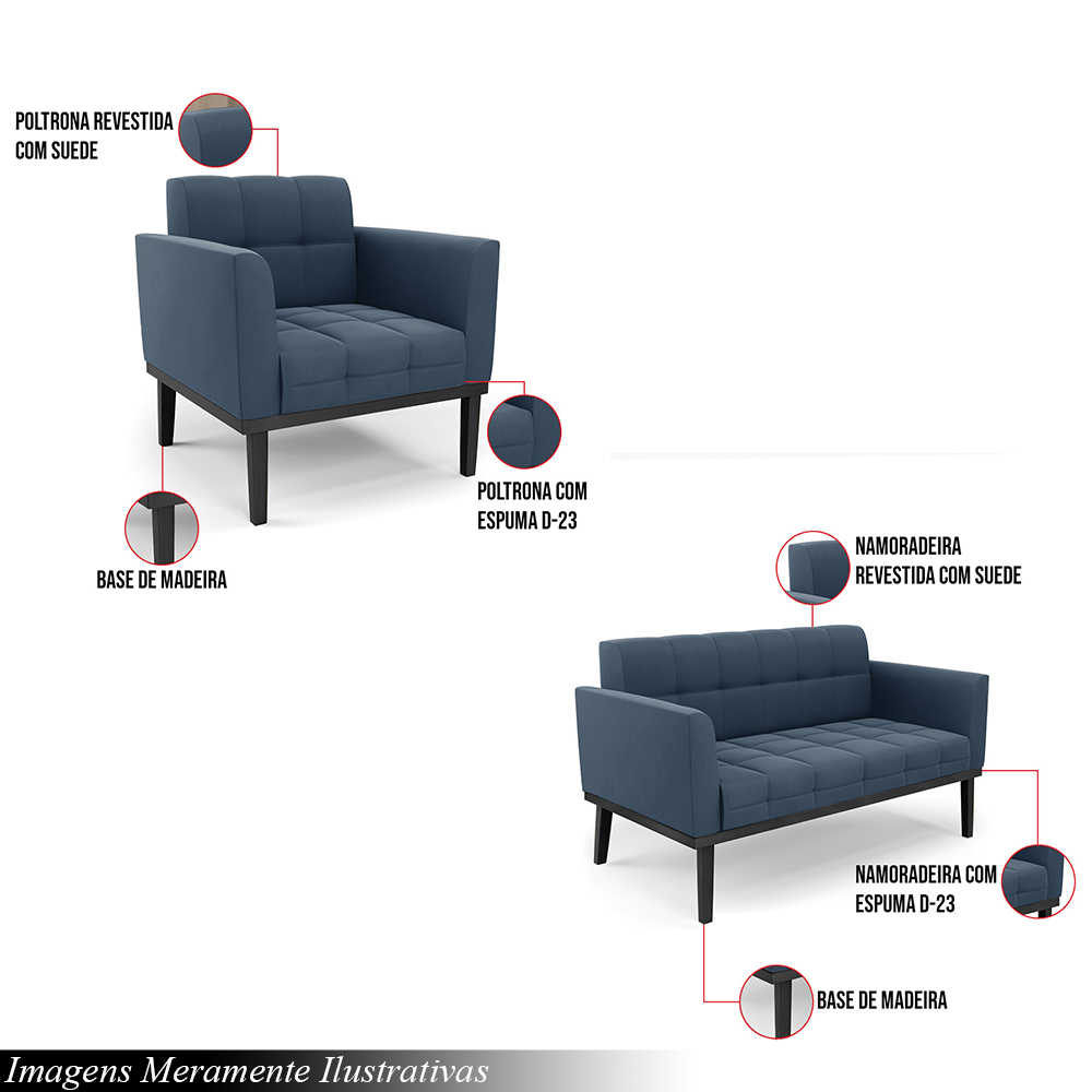 Conjunto 2 Poltronas e 1 Namoradeira Decorativa Karen Pés Fixo em Madeira Preto Suede Azul Marinho G19 - Gran Belo