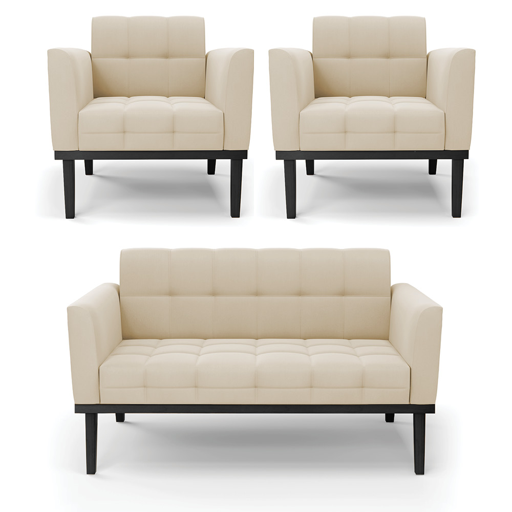 Conjunto 2 Poltronas e 1 Namoradeira Decorativa Karen Pés Fixo em Madeira Preto Suede Bege G19 - Gran Belo