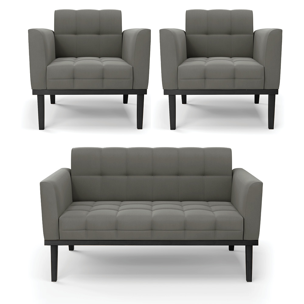Conjunto 2 Poltronas e 1 Namoradeira Decorativa Karen Pés Fixo em Madeira Preto Suede Grafite G19 - Gran Belo