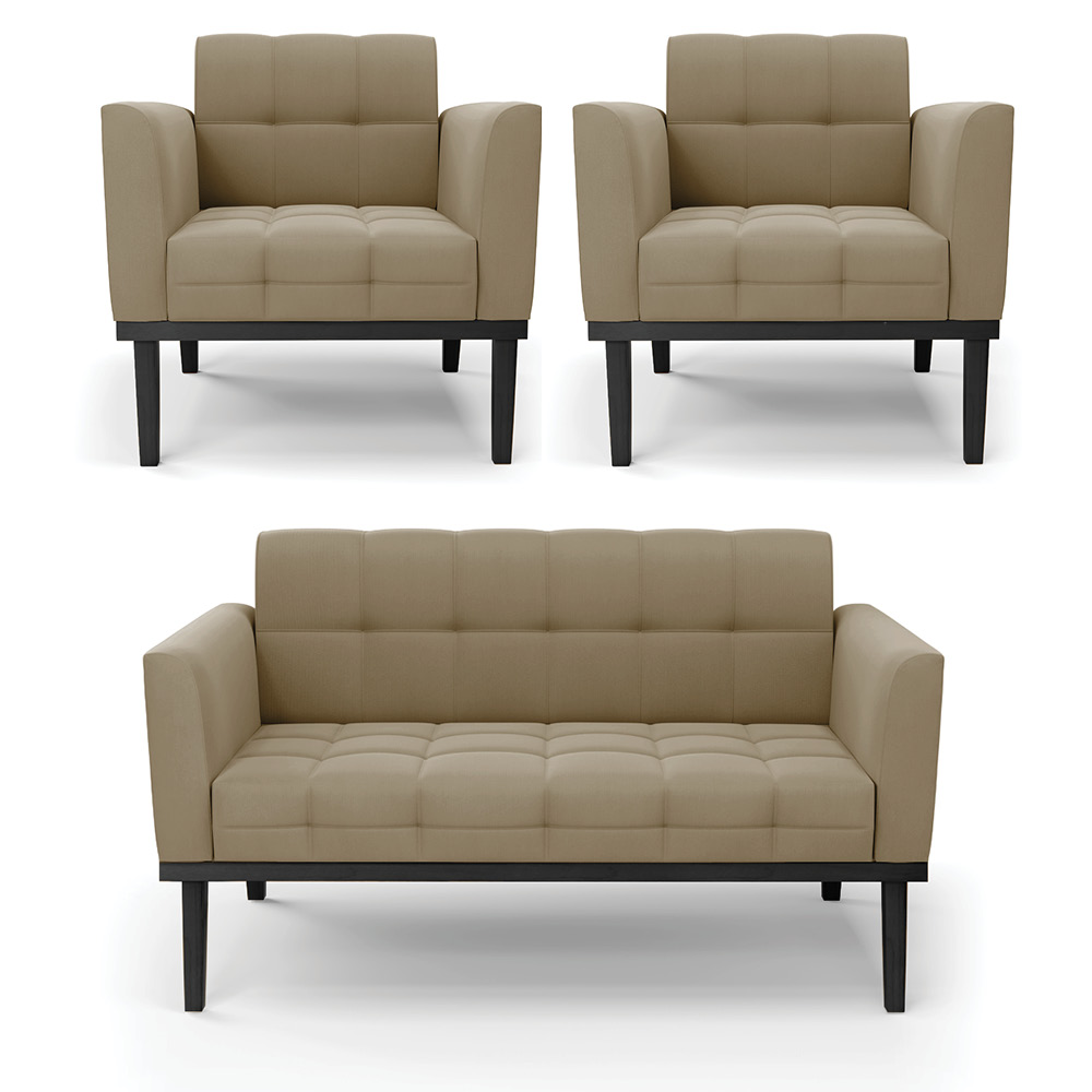 Conjunto 2 Poltronas e 1 Namoradeira Decorativa Karen Pés Fixo em Madeira Preto Suede Nude G19 - Gran Belo