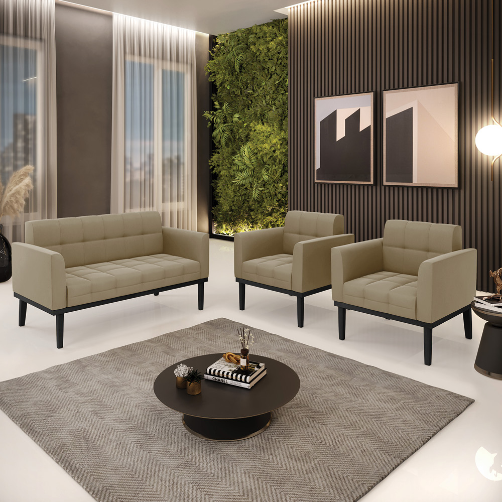 Conjunto 2 Poltronas e 1 Namoradeira Decorativa Karen Pés Fixo em Madeira Preto Suede Nude G19 - Gran Belo