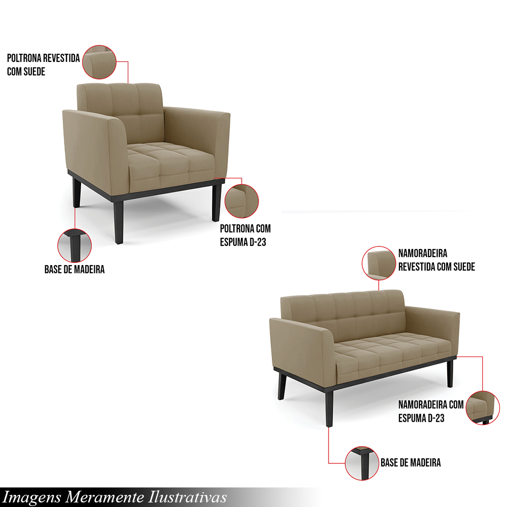 Conjunto 2 Poltronas e 1 Namoradeira Decorativa Karen Pés Fixo em Madeira Preto Suede Nude G19 - Gran Belo