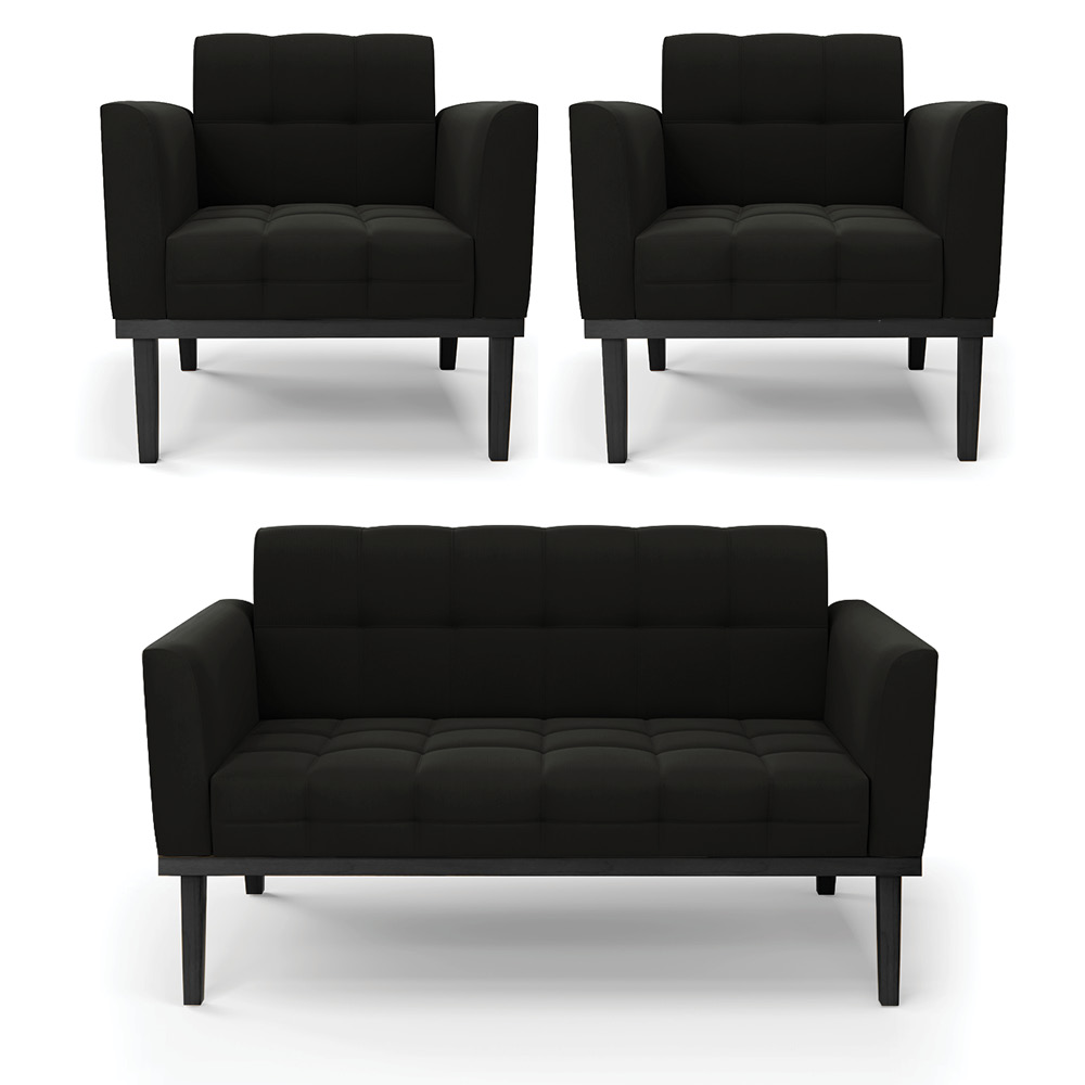 Conjunto 2 Poltronas e 1 Namoradeira Decorativa Karen Pés Fixo em Madeira Preto Suede Preto G19 - Gran Belo