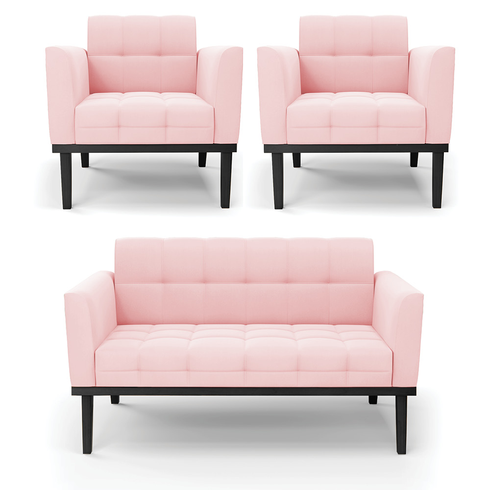 Conjunto 2 Poltronas e 1 Namoradeira Decorativa Karen Pés Fixo em Madeira Preto Suede Rosa Bebê G19 - Gran Belo