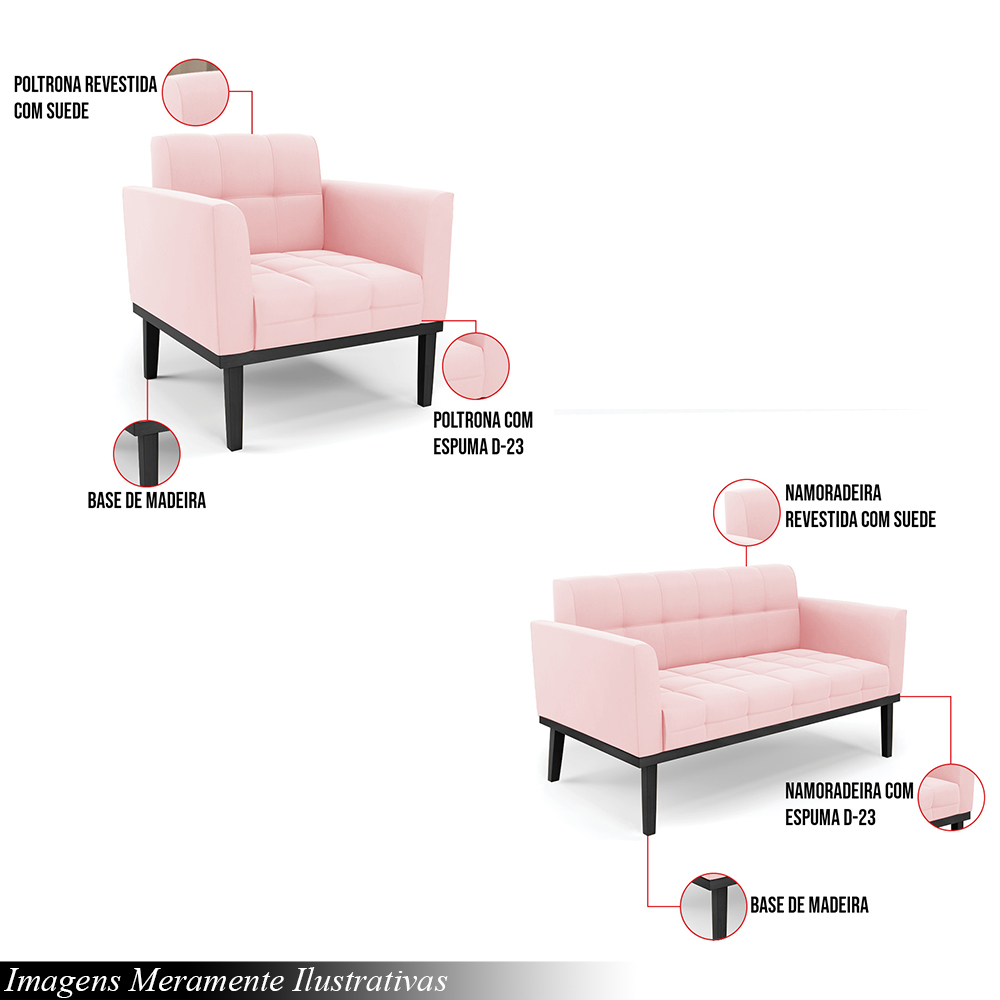 Conjunto 2 Poltronas e 1 Namoradeira Decorativa Karen Pés Fixo em Madeira Preto Suede Rosa Bebê G19 - Gran Belo