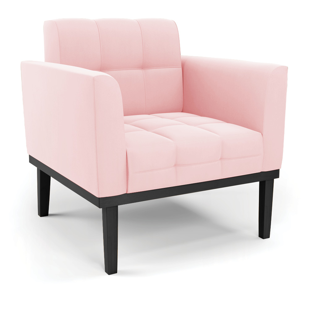 Conjunto 2 Poltronas e 1 Namoradeira Decorativa Karen Pés Fixo em Madeira Preto Suede Rosa Bebê G19 - Gran Belo