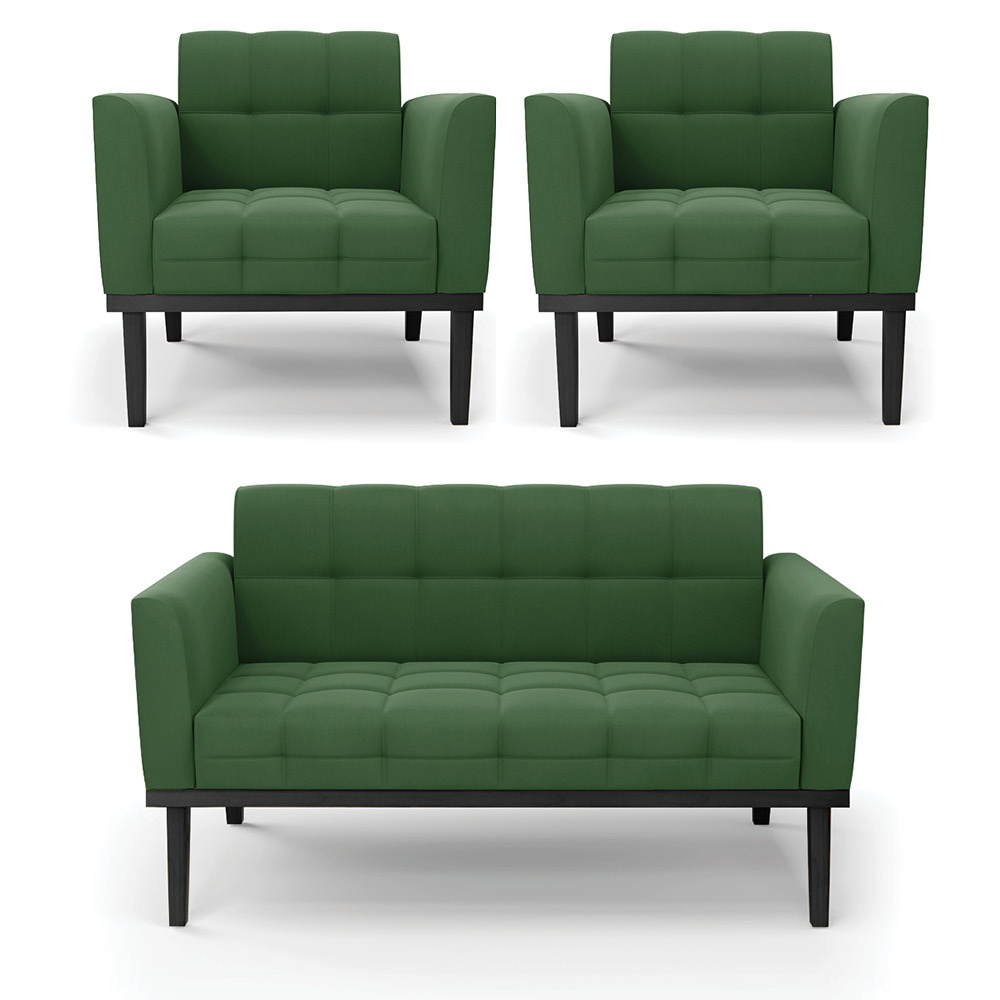 Conjunto 2 Poltronas e 1 Namoradeira Decorativa Karen Pés Fixo em Madeira Preto Suede Verde G19 - Gran Belo