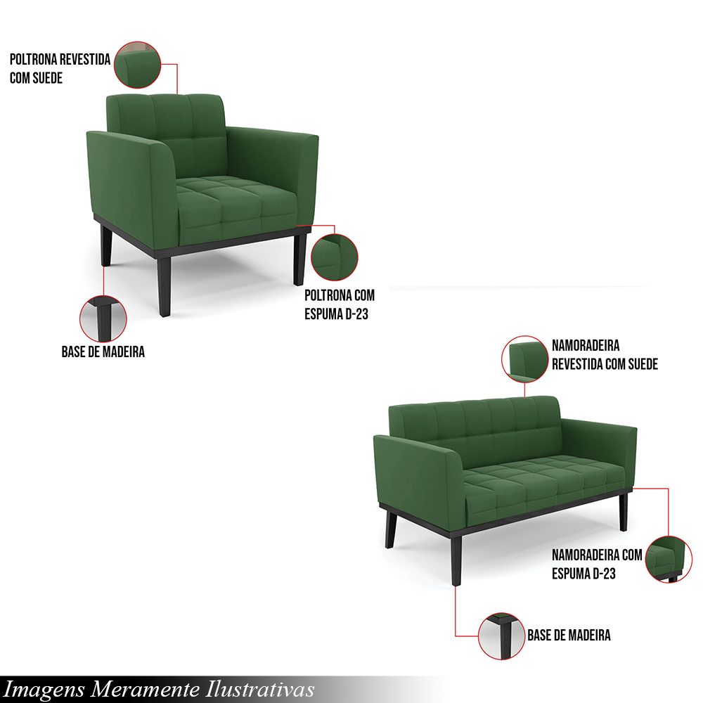 Conjunto 2 Poltronas e 1 Namoradeira Decorativa Karen Pés Fixo em Madeira Preto Suede Verde G19 - Gran Belo
