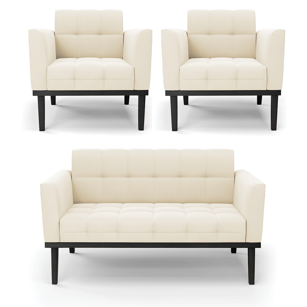 Conjunto 2 Poltronas e 1 Namoradeira Decorativa Karen Pés Fixo em Madeira Preto Veludo Bege G19 - Gran Belo