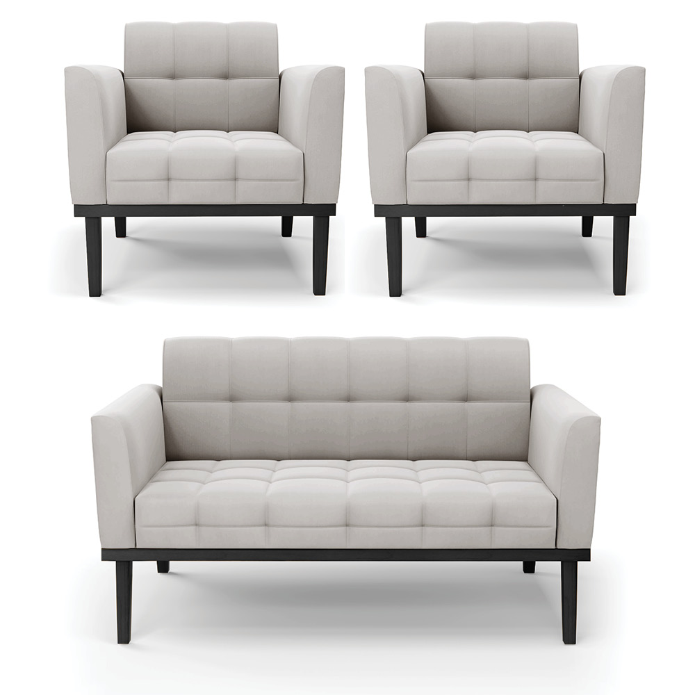 Conjunto 2 Poltronas e 1 Namoradeira Decorativa Karen Pés Fixo em Madeira Preto Veludo Cinza G19 - Gran Belo