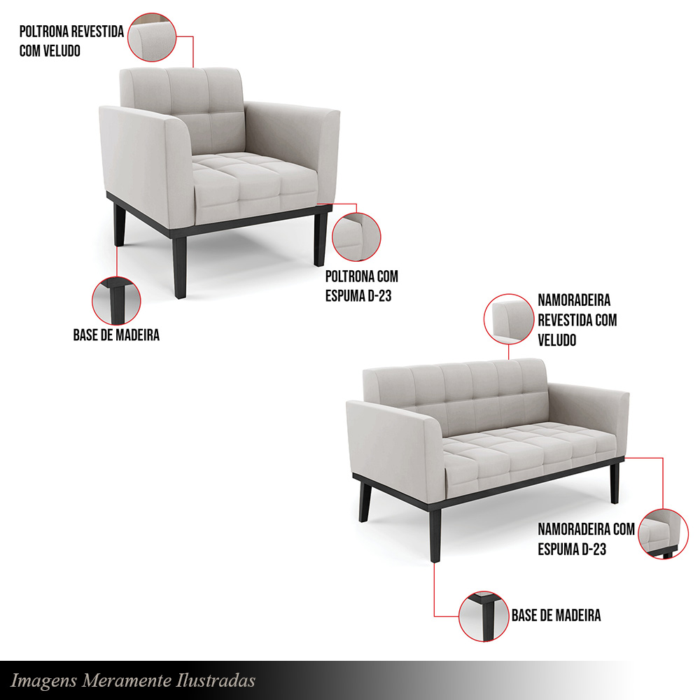 Conjunto 2 Poltronas e 1 Namoradeira Decorativa Karen Pés Fixo em Madeira Preto Veludo Cinza G19 - Gran Belo