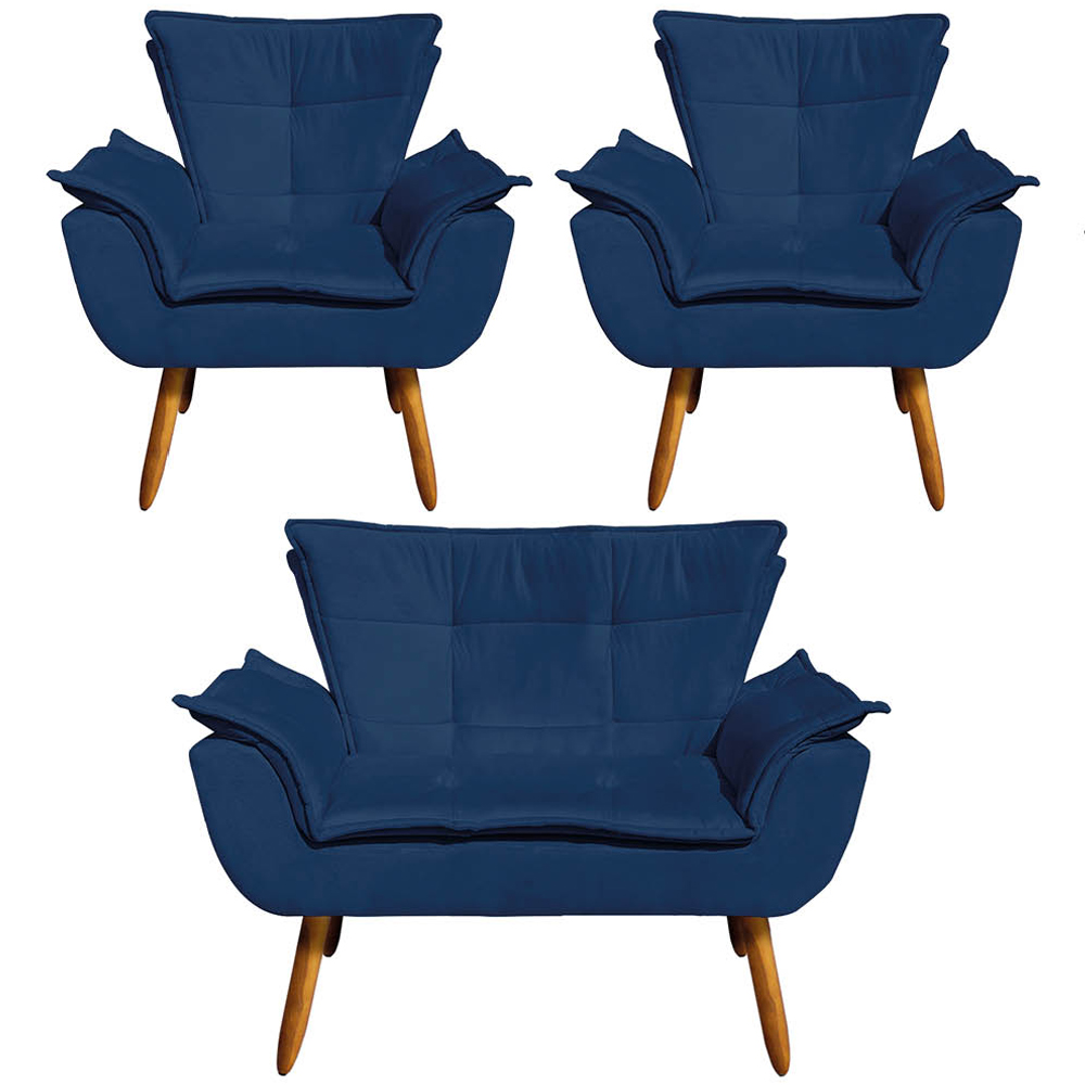 Conjunto 2 Poltronas e 1 Namoradeira Pés Palito Charger Suede Azul Marinho G19 - Gran Belo