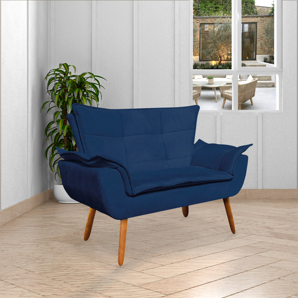 Conjunto 2 Poltronas e 1 Namoradeira Pés Palito Charger Suede Azul Marinho G19 - Gran Belo