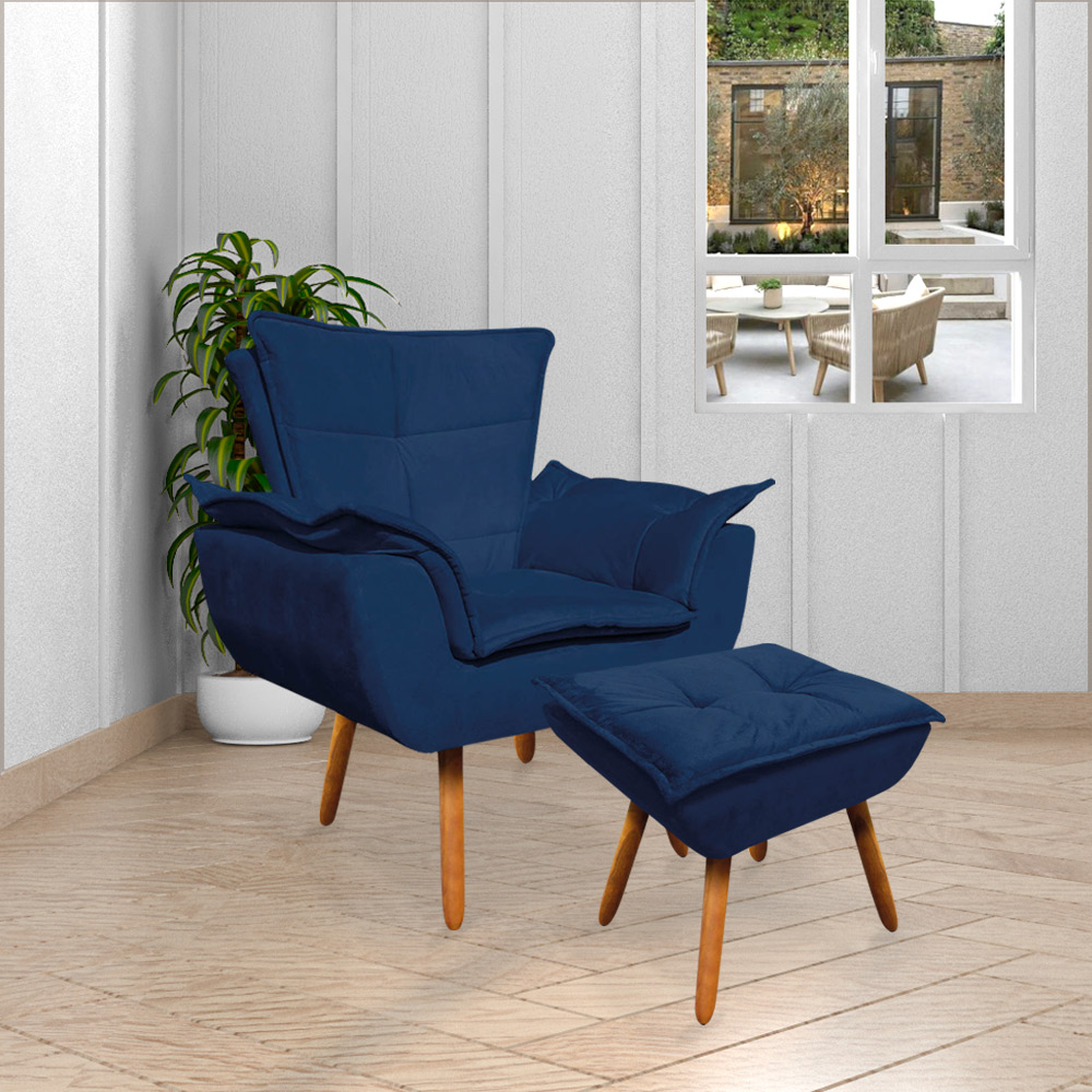 Conjunto 2 Poltronas e 1 Namoradeira Pés Palito Charger Suede Azul Marinho G19 - Gran Belo