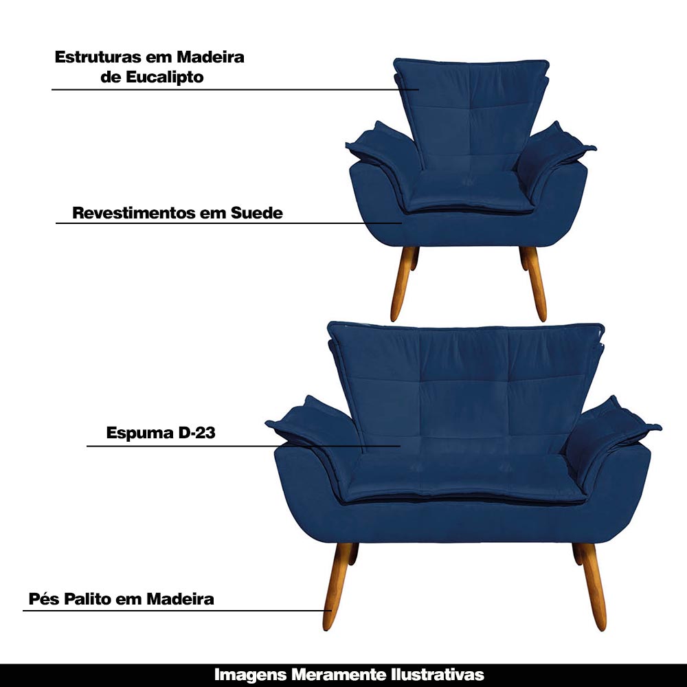 Conjunto 2 Poltronas e 1 Namoradeira Pés Palito Charger Suede Azul Marinho G19 - Gran Belo
