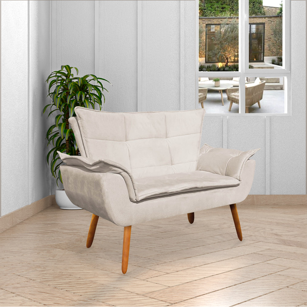 Conjunto 2 Poltronas e 1 Namoradeira Pés Palito Charger Suede Bege G19 - Gran Belo