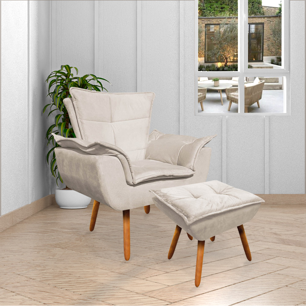 Conjunto 2 Poltronas e 1 Namoradeira Pés Palito Charger Suede Bege G19 - Gran Belo