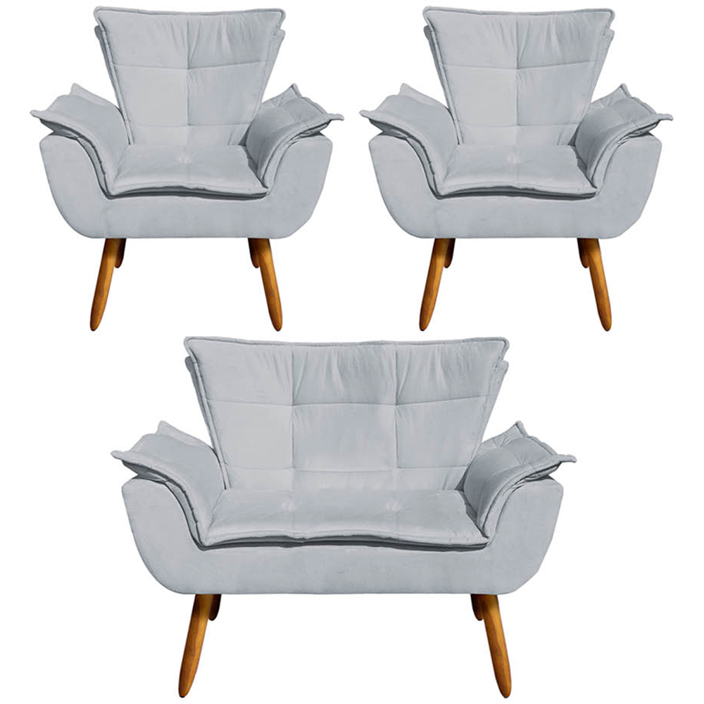 Conjunto 2 Poltronas e 1 Namoradeira Pés Palito Charger Suede Cinza G19 - Gran Belo