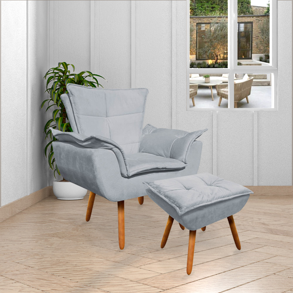 Conjunto 2 Poltronas e 1 Namoradeira Pés Palito Charger Suede Cinza G19 - Gran Belo