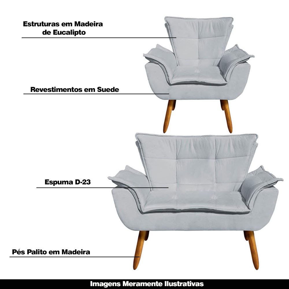 Conjunto 2 Poltronas e 1 Namoradeira Pés Palito Charger Suede Cinza G19 - Gran Belo