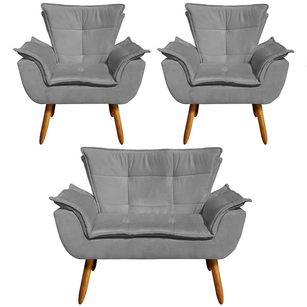 Conjunto 2 Poltronas e 1 Namoradeira Pés Palito Charger Suede Grafite G19 - Gran Belo