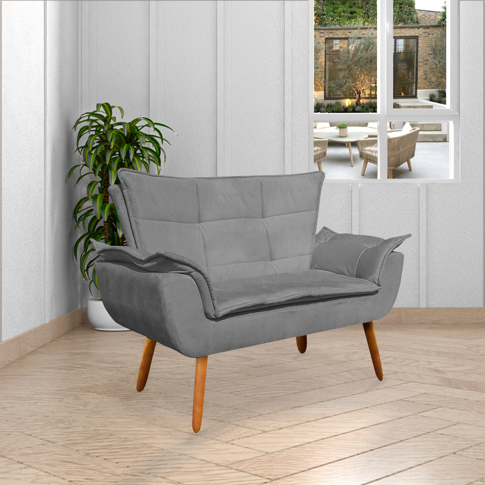 Conjunto 2 Poltronas e 1 Namoradeira Pés Palito Charger Suede Grafite G19 - Gran Belo