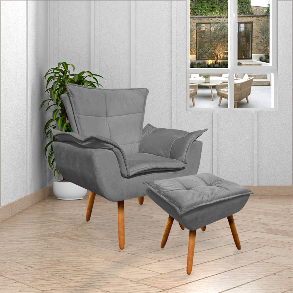 Conjunto 2 Poltronas e 1 Namoradeira Pés Palito Charger Suede Grafite G19 - Gran Belo