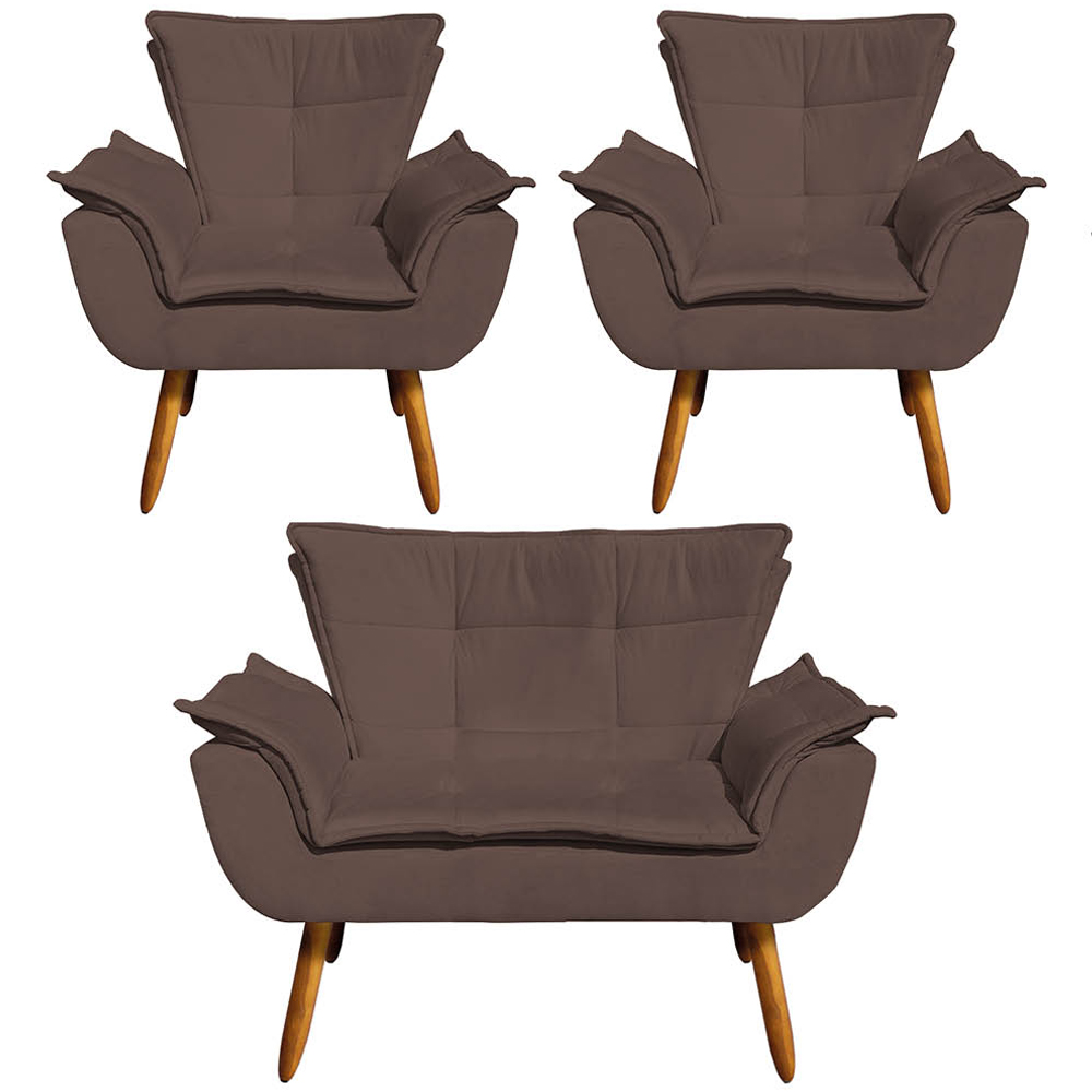 Conjunto 2 Poltronas e 1 Namoradeira Pés Palito Charger Suede Marrom G19 - Gran Belo