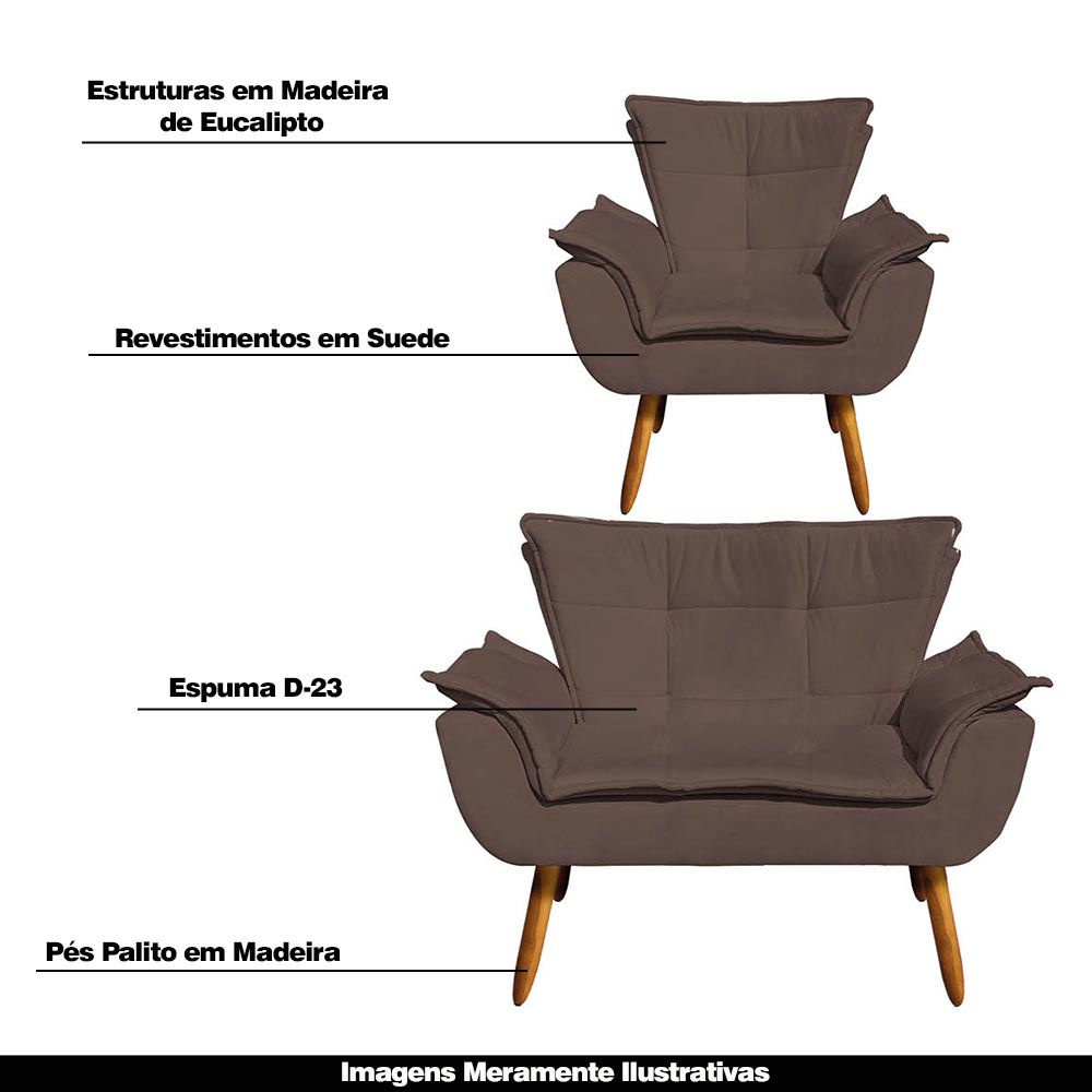 Conjunto 2 Poltronas e 1 Namoradeira Pés Palito Charger Suede Marrom G19 - Gran Belo