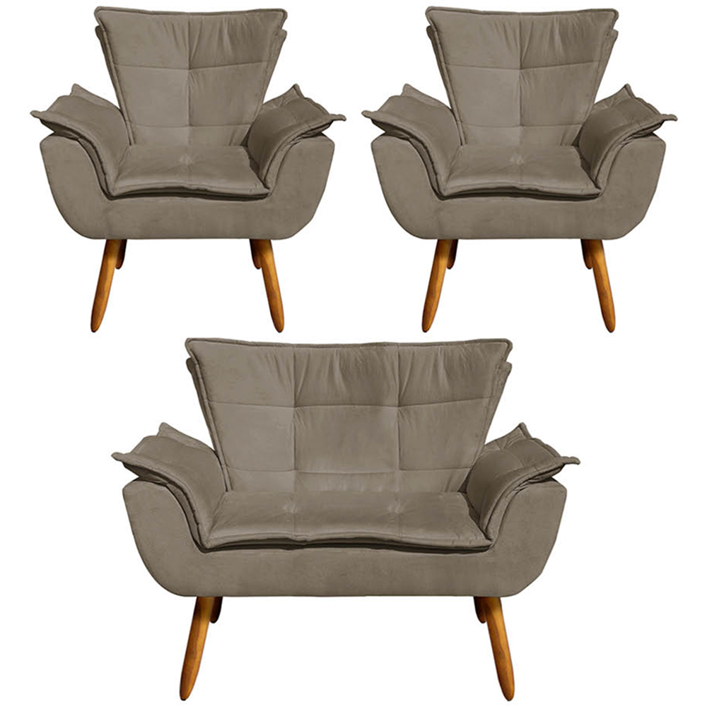 Conjunto 2 Poltronas e 1 Namoradeira Pés Palito Charger Suede Nude G19 - Gran Belo