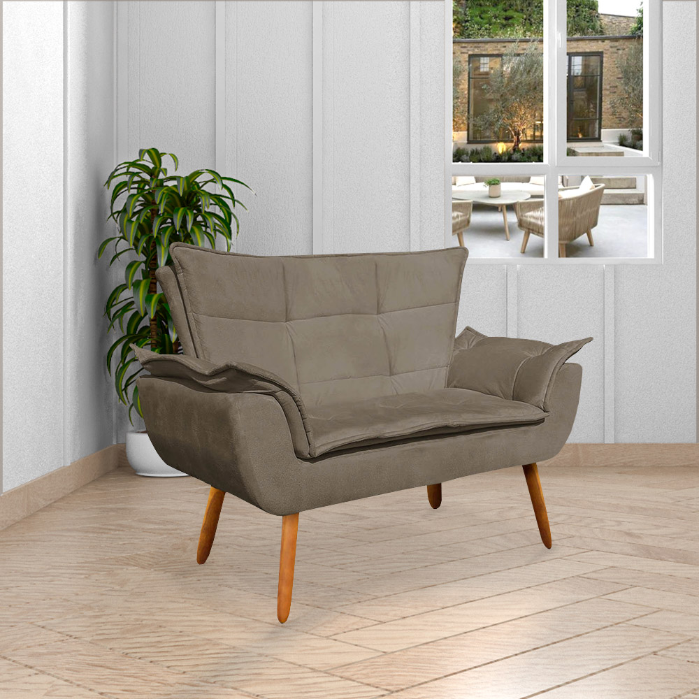 Conjunto 2 Poltronas e 1 Namoradeira Pés Palito Charger Suede Nude G19 - Gran Belo
