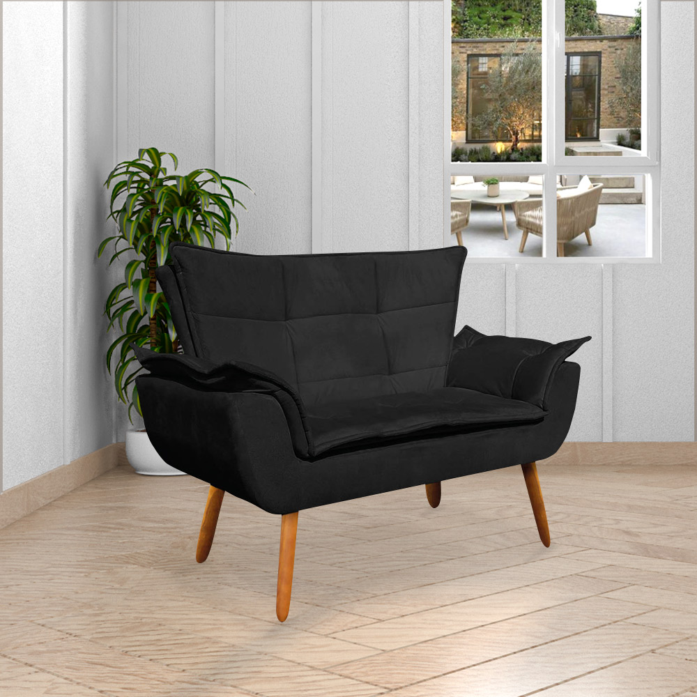 Conjunto 2 Poltronas e 1 Namoradeira Pés Palito Charger Suede Preto G19 - Gran Belo