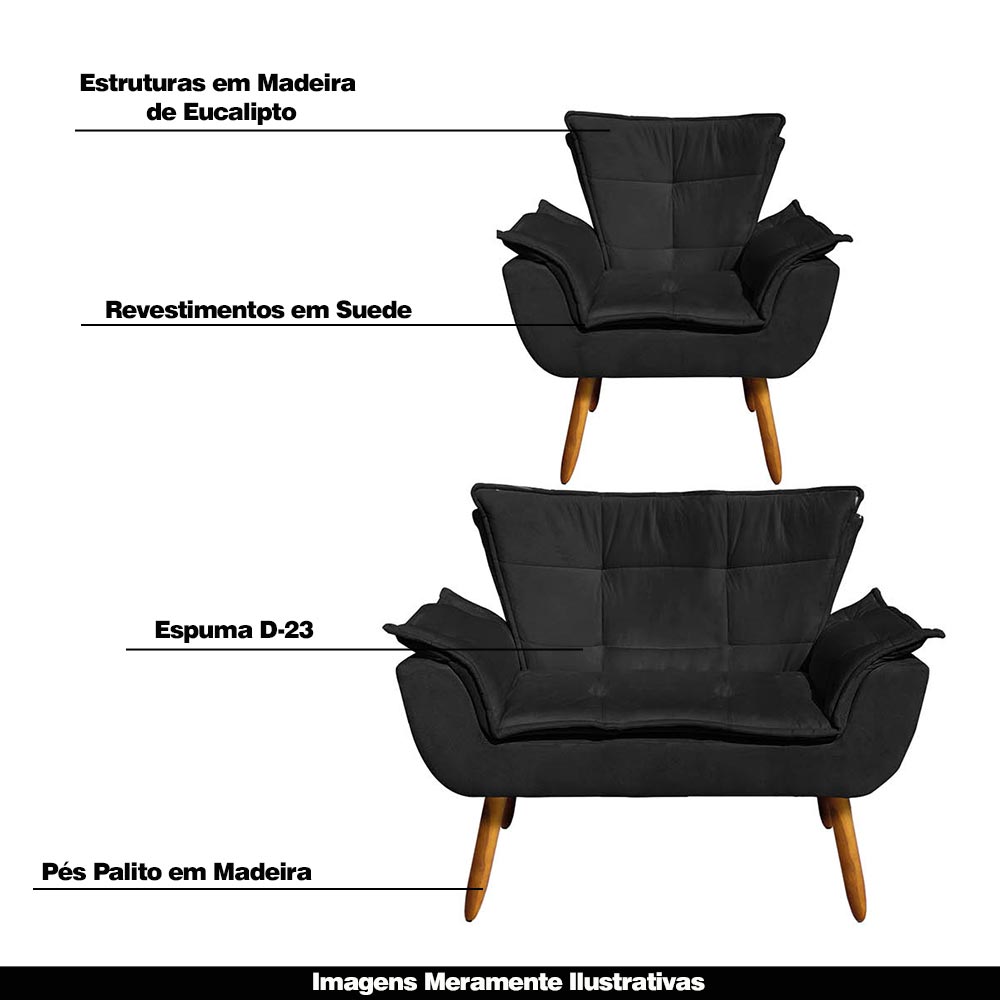 Conjunto 2 Poltronas e 1 Namoradeira Pés Palito Charger Suede Preto G19 - Gran Belo