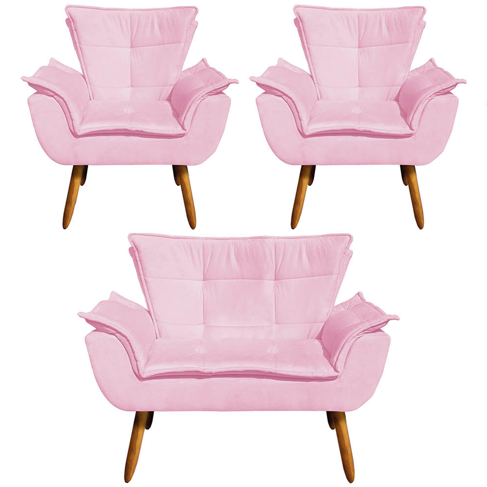 Conjunto 2 Poltronas e 1 Namoradeira Pés Palito Charger Suede Rosa G19 - Gran Belo