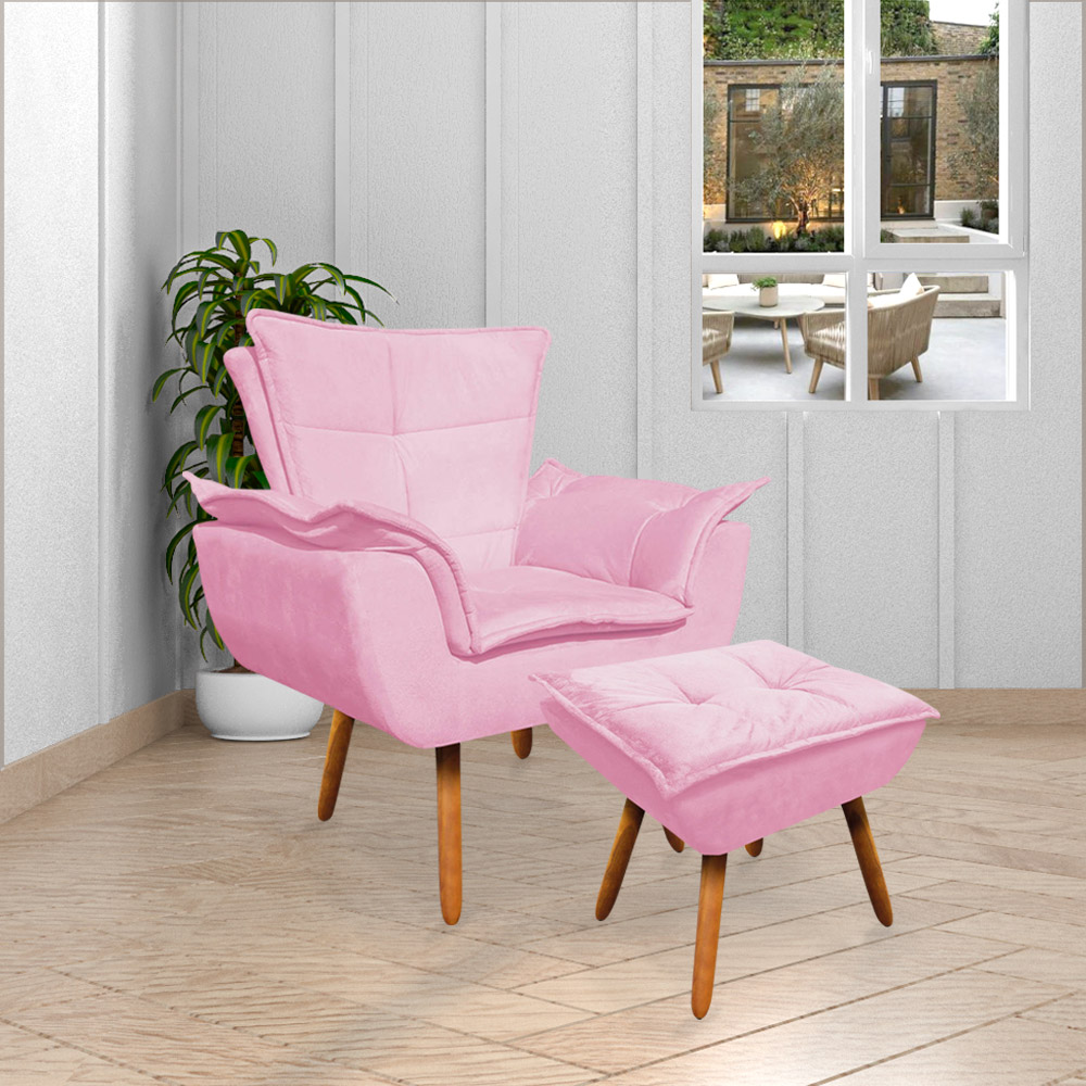 Conjunto 2 Poltronas e 1 Namoradeira Pés Palito Charger Suede Rosa G19 - Gran Belo